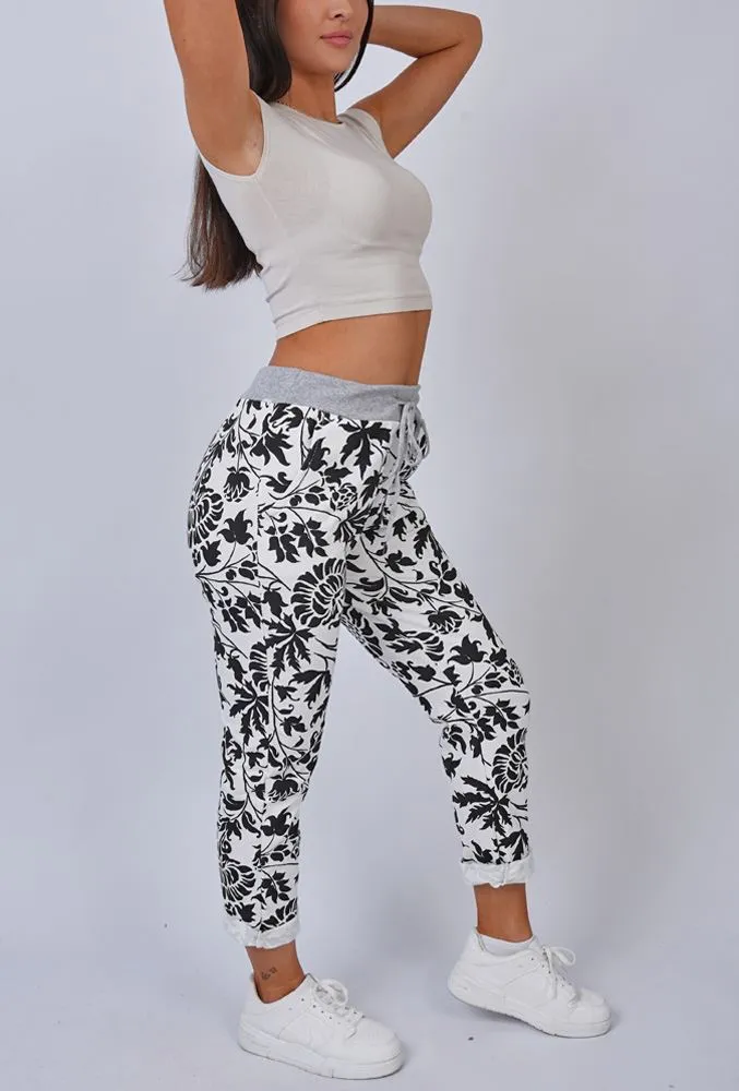 Leaf Print Drawstring Cotton Trousers