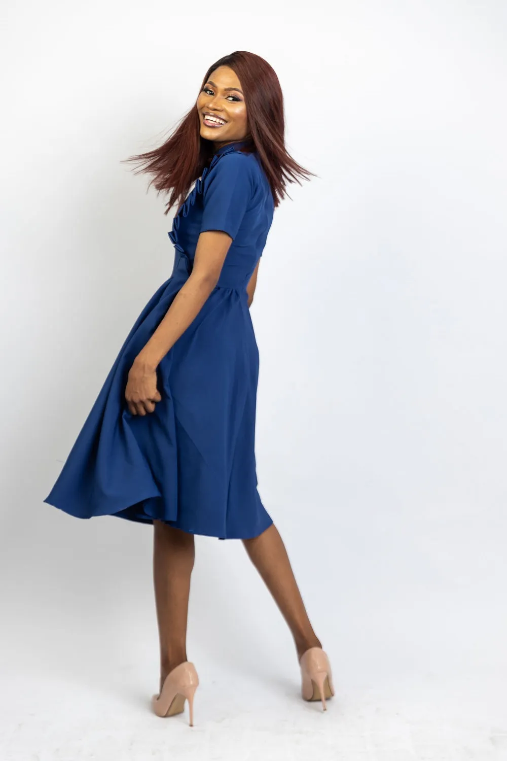 Maya Gathered Skater Dress - Deep Blue