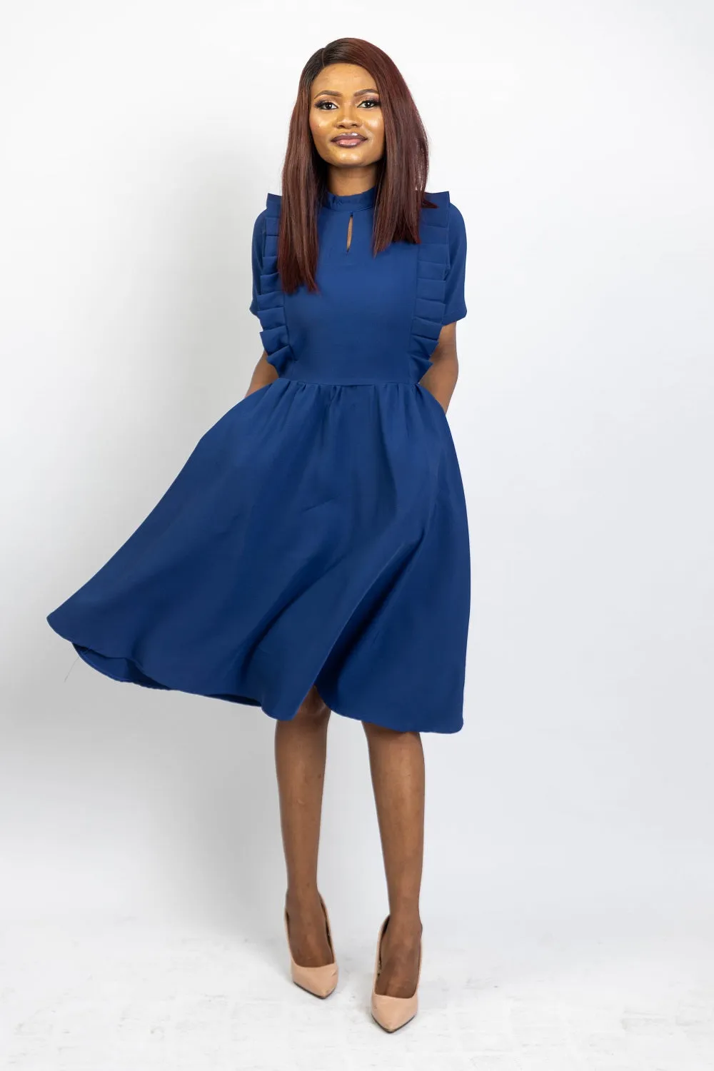 Maya Gathered Skater Dress - Deep Blue