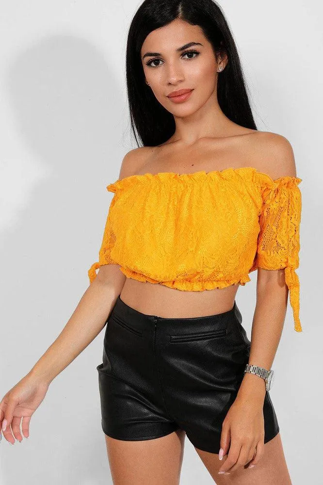 Mustard Delicate Lace Bow Sleeves Bardot Crop Top