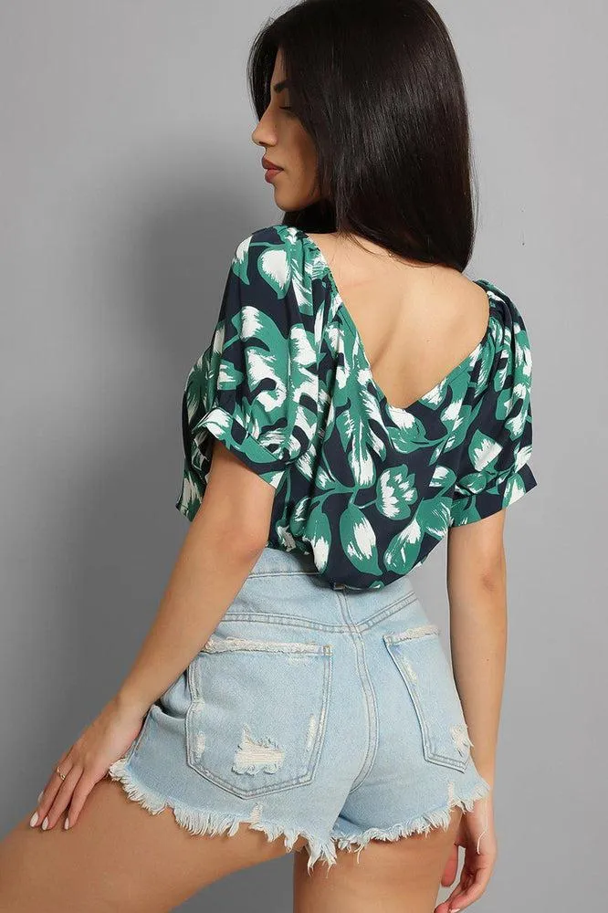 Navy Green Leaves Print Crop Top