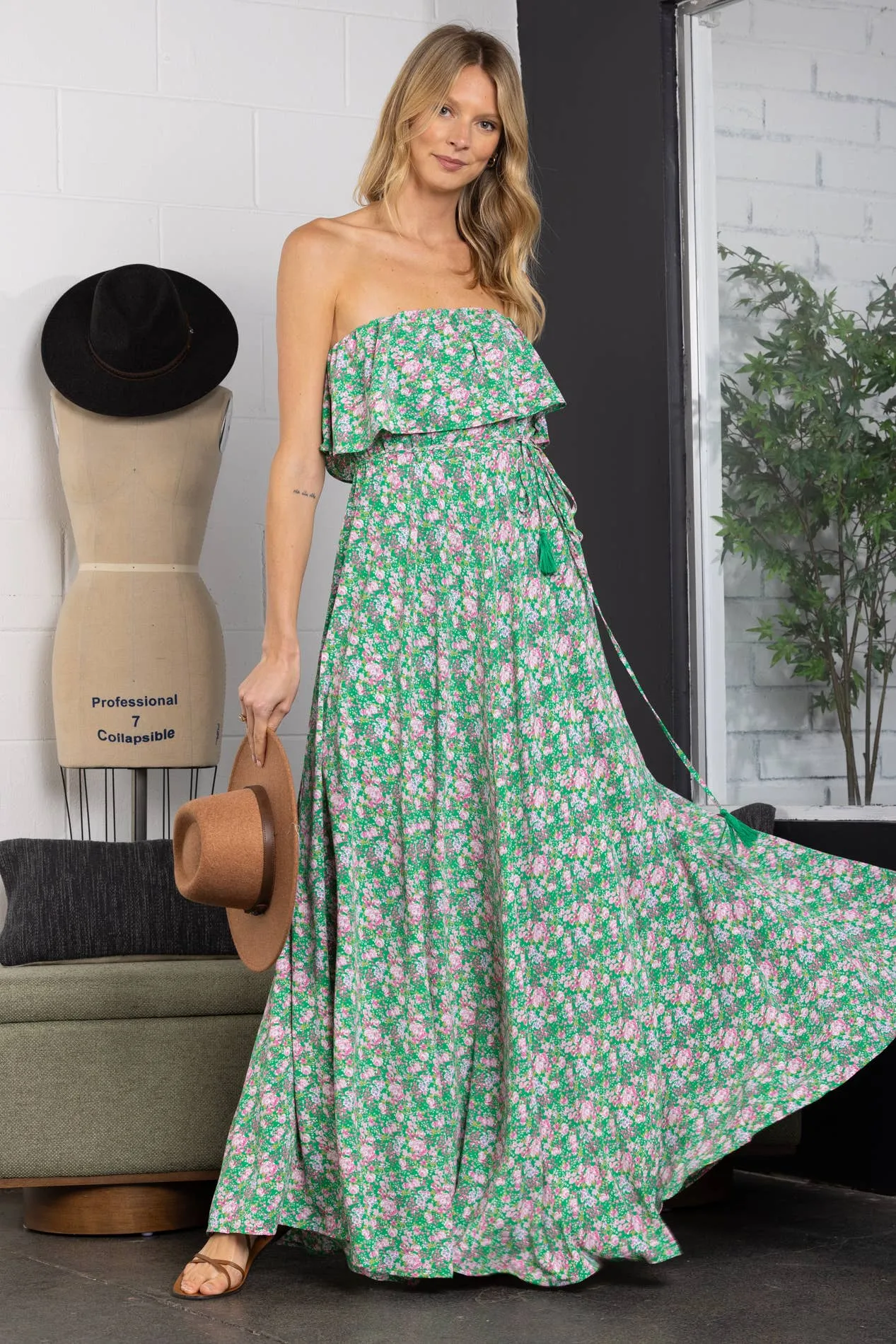 Nelle Green Floral Strapless Maxi Dress