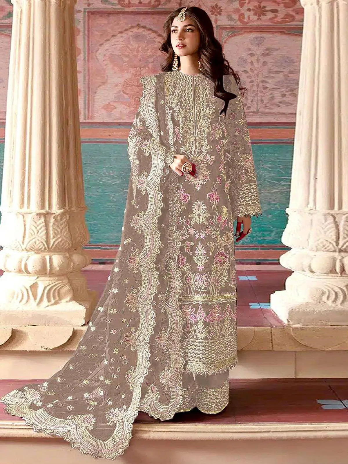 Odette Beige Embroidered Organza Semi Stitched Salwar Suit For Women