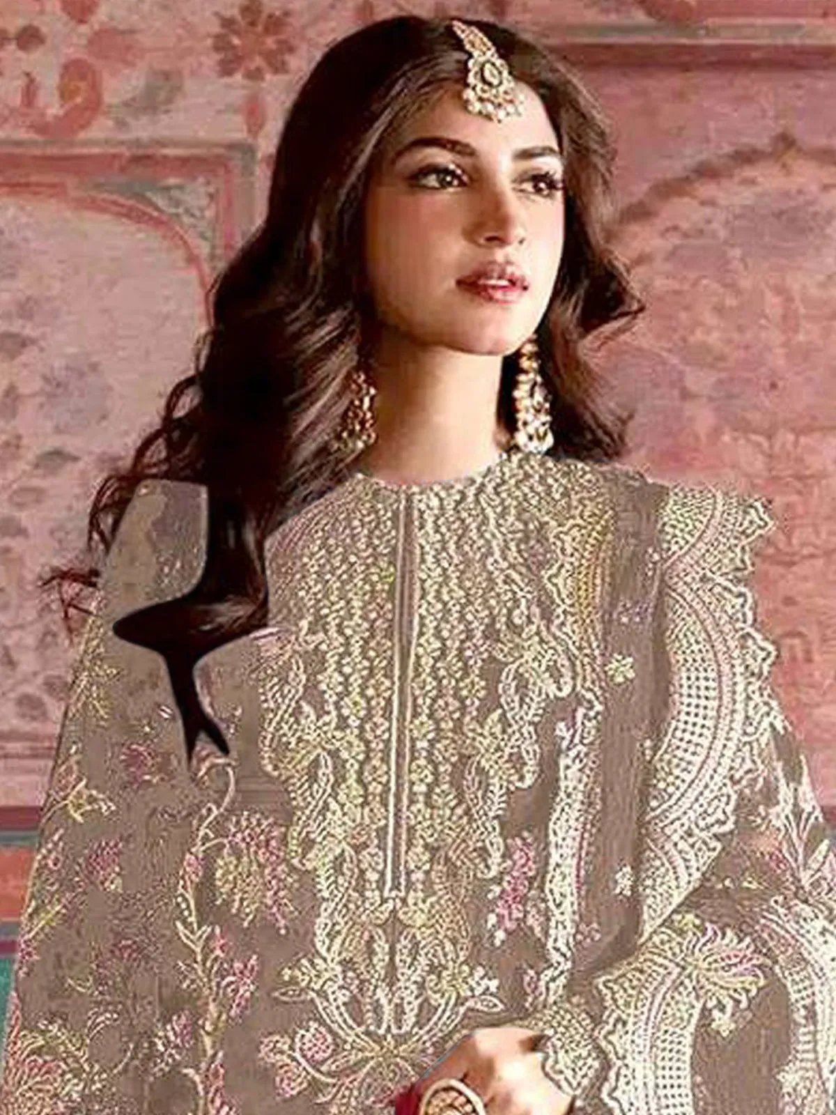 Odette Beige Embroidered Organza Semi Stitched Salwar Suit For Women