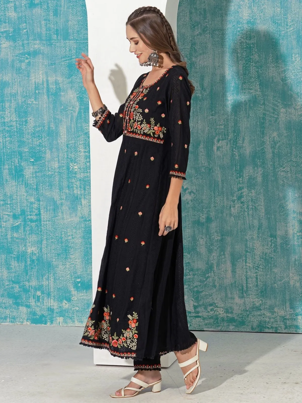 Odette Black Embroidered Cotton Stitched Kurta Set For Women