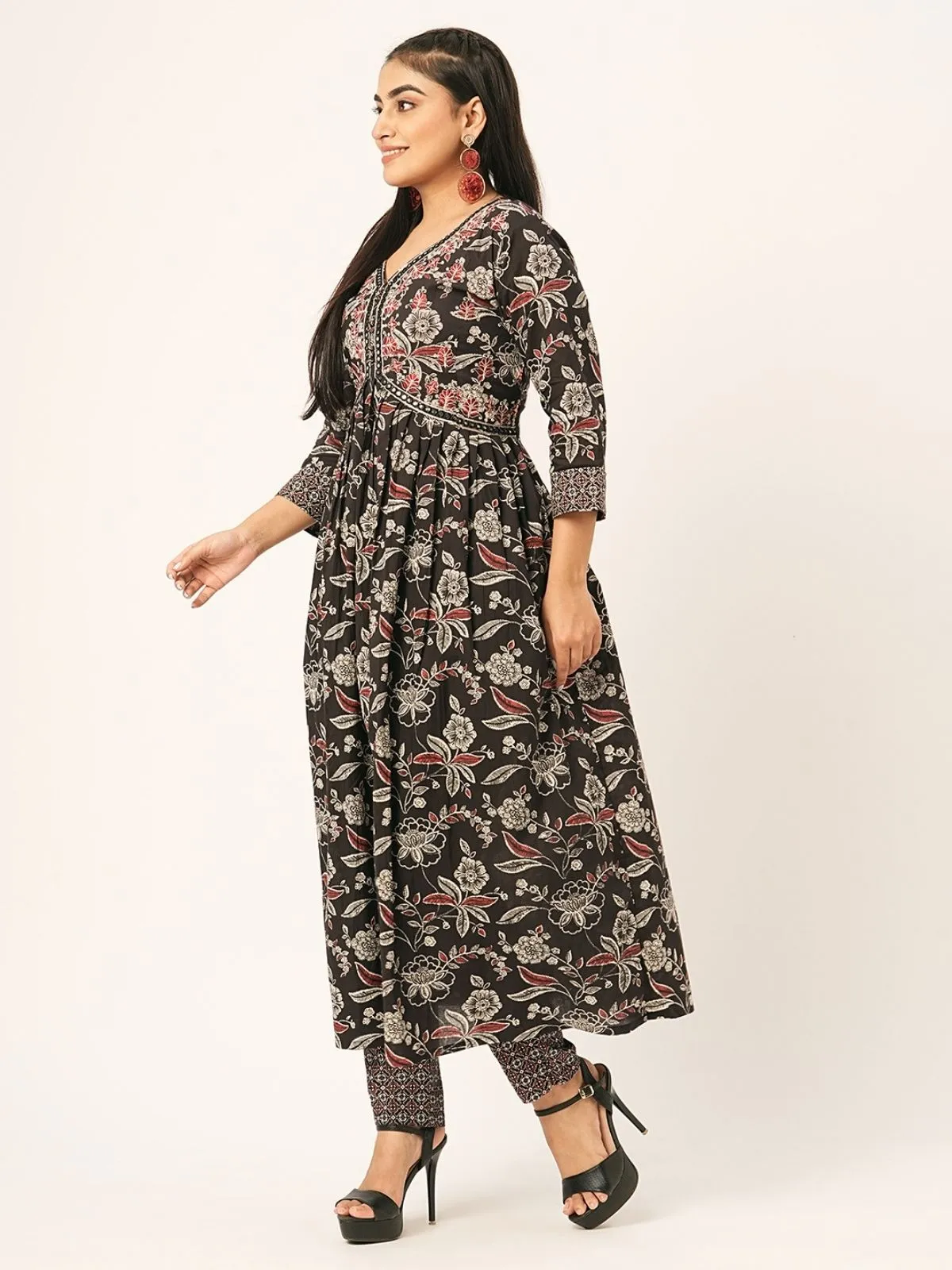 Odette Black Printed Cotton Stitched Kurta Set For Women