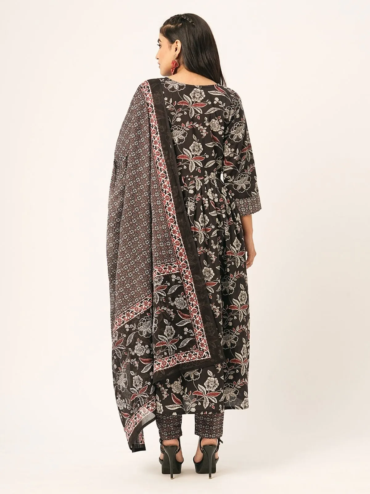 Odette Black Printed Cotton Stitched Kurta Set For Women