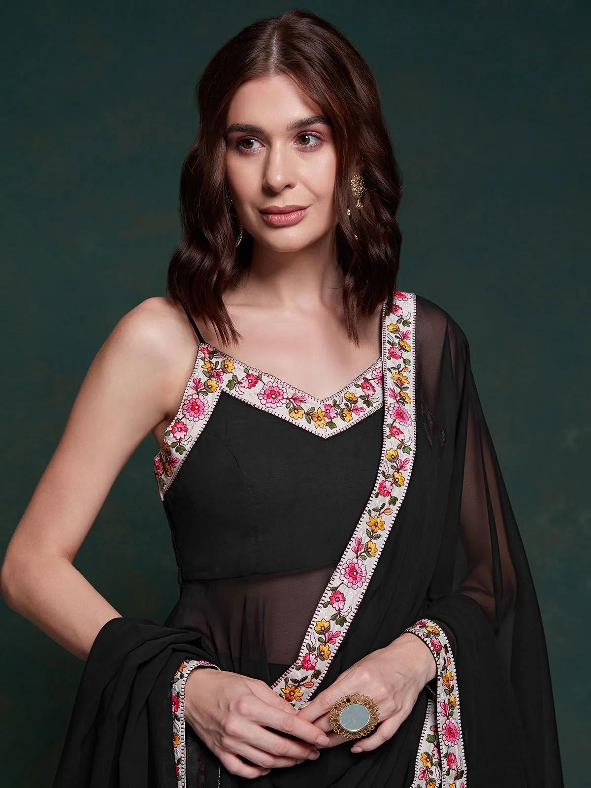 Odette Black Printed Georgette Stitched Kurta Set For Women