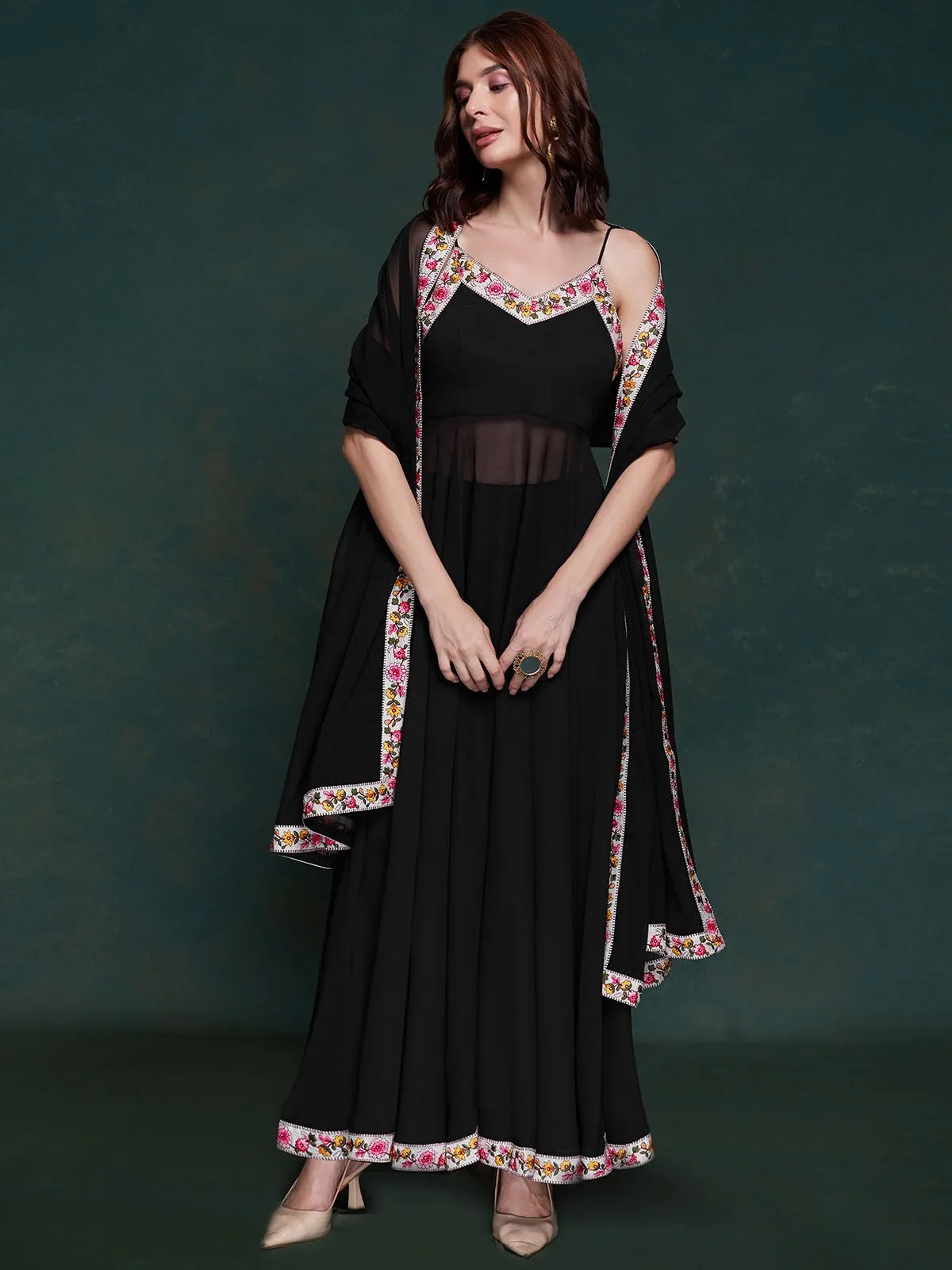 Odette Black Printed Georgette Stitched Kurta Set For Women