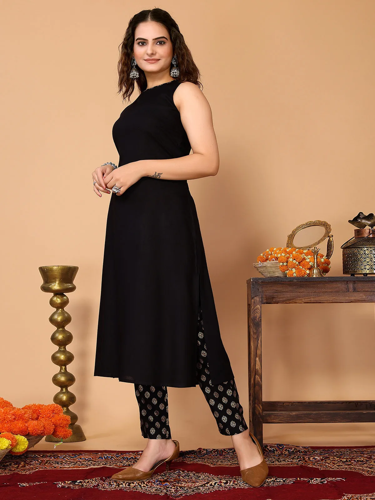 Odette Black Rayon Solid A Line Kurta Set For Women