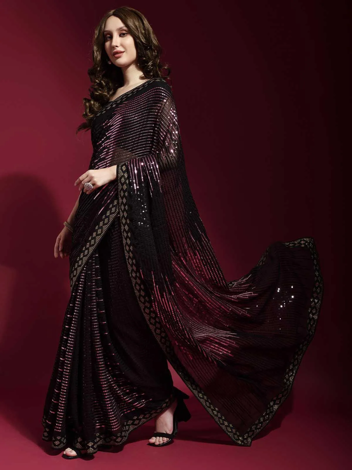 Odette Women Black And Pink Georgette Sequence Saree With Unstitched Blouse