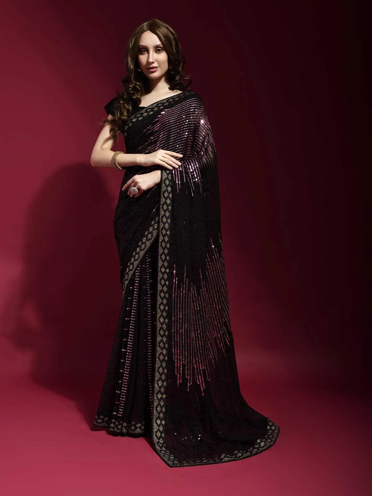 Odette Women Black And Pink Georgette Sequence Saree With Unstitched Blouse