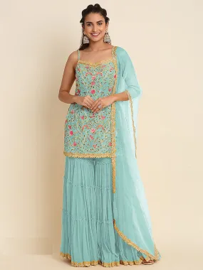 Odette Women Blue Floral Sequence Embroidered Georgette Unstitched Sharara Suit