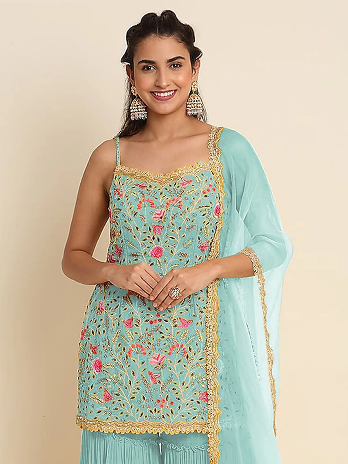 Odette Women Blue Floral Sequence Embroidered Georgette Unstitched Sharara Suit