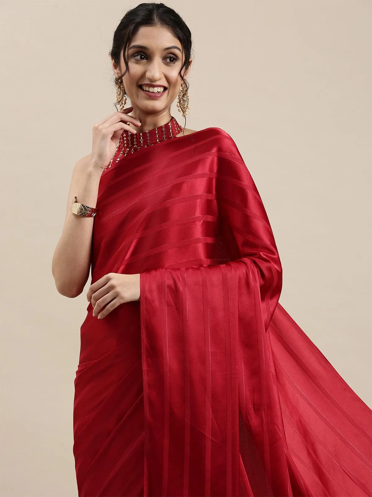 Odette Women Satin Red Solid Designer Saree With Blouse Piece