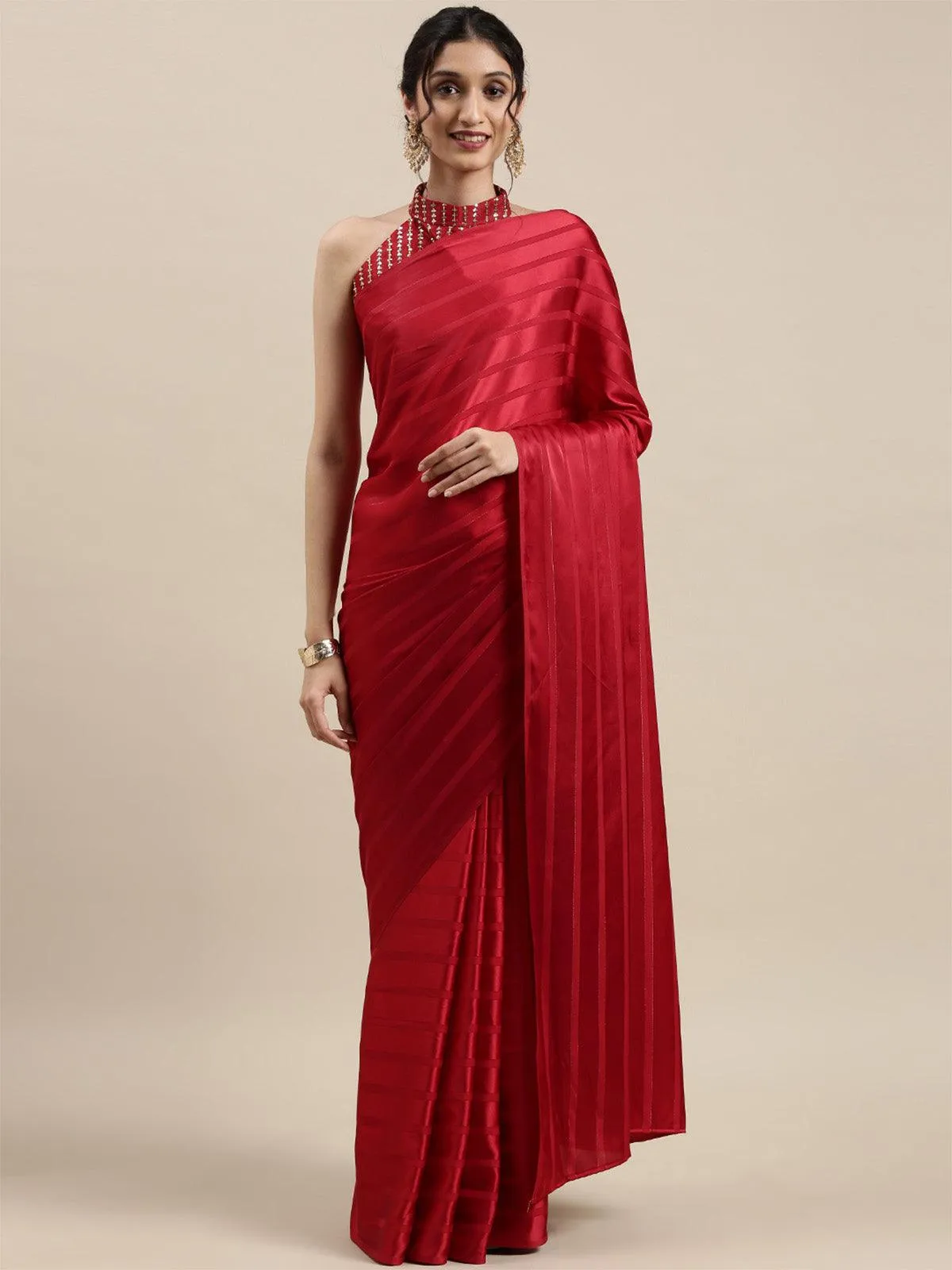 Odette Women Satin Red Solid Designer Saree With Blouse Piece