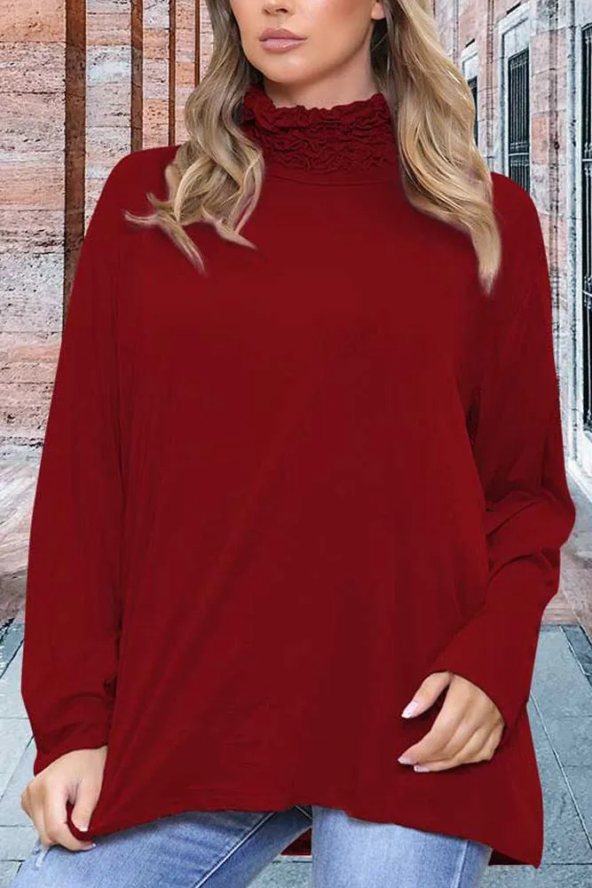 Plain Ruched Frill Roll Neck Tunic Viscose Top