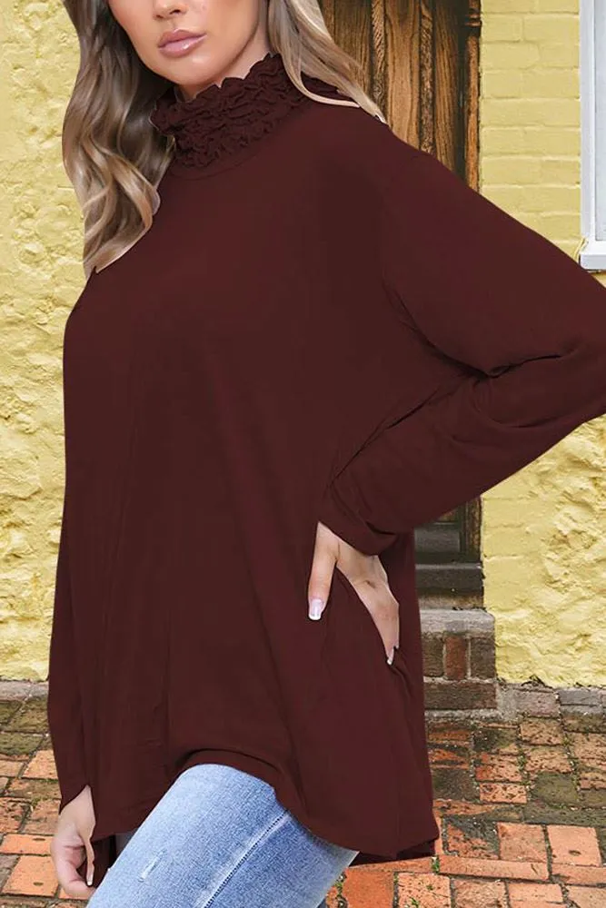 Plain Ruched Frill Roll Neck Tunic Viscose Top