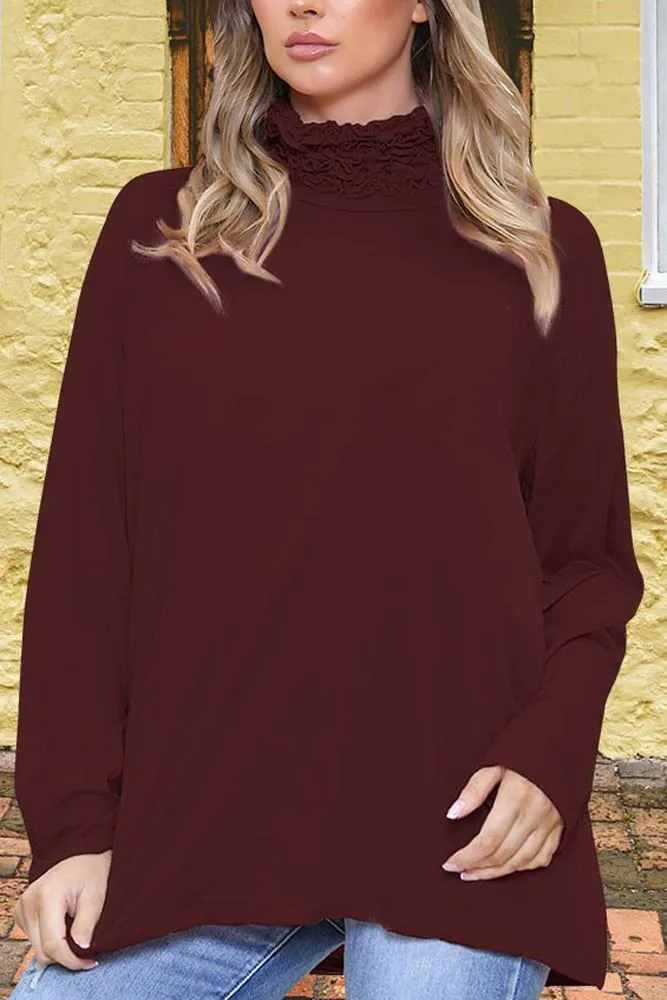 Plain Ruched Frill Roll Neck Tunic Viscose Top