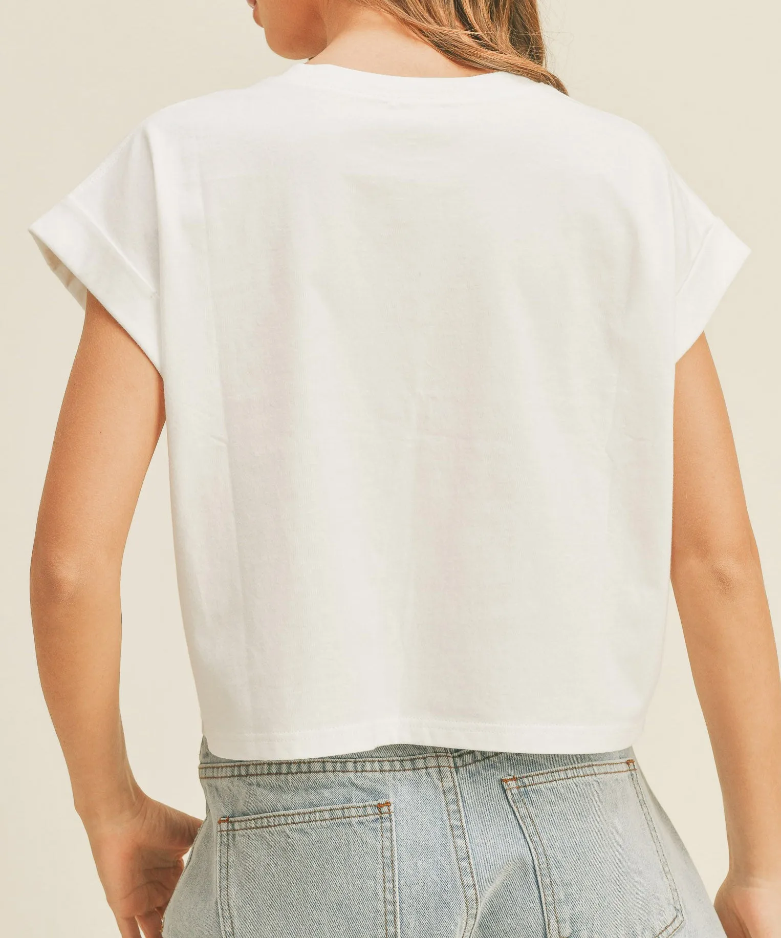 Round Neck Cuffed Sleeve Top - Off White