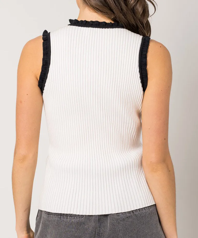 Ruffle Detail Sleeveless Sweater Top - White/Black