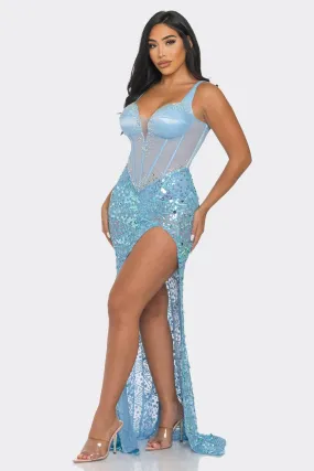 SATIN BUSTIER SEQUIN MAXI DRESS