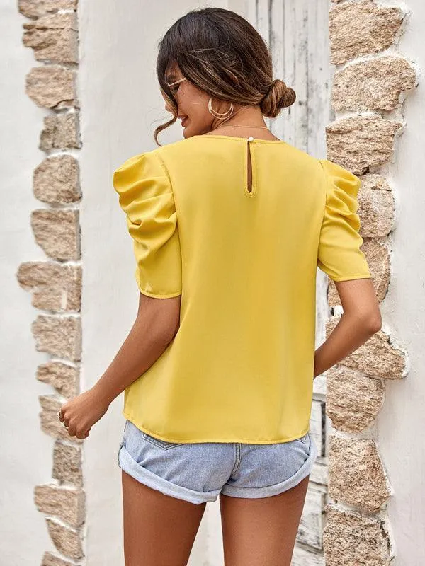 Short Sleeve Solid  V-Neck Women Top