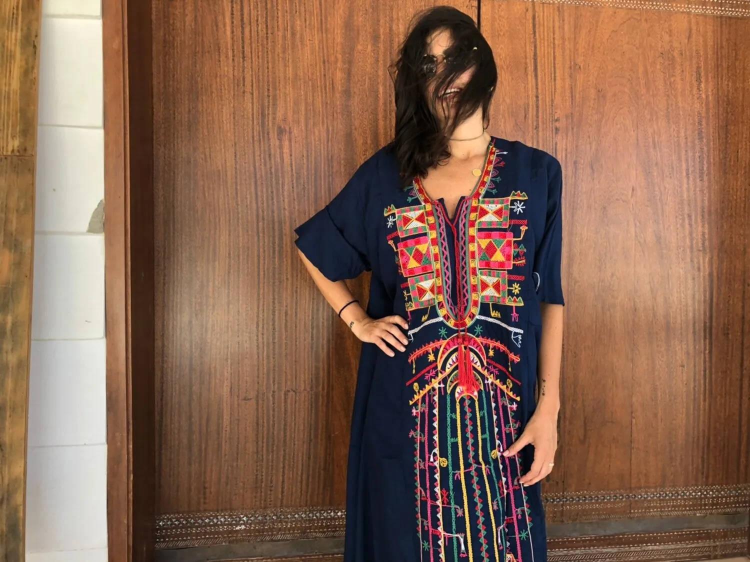 Siwa Navy Blue Multicolor embroidered Kaftan dress, Cotton Kaftan, caftans for women, Summer Kaftan, Embroidered kaftan, caftans, Egyptian