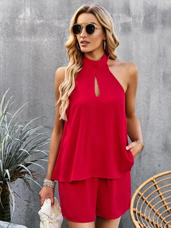 Solid Cutout Mock Halter Neck Women Outfit Set