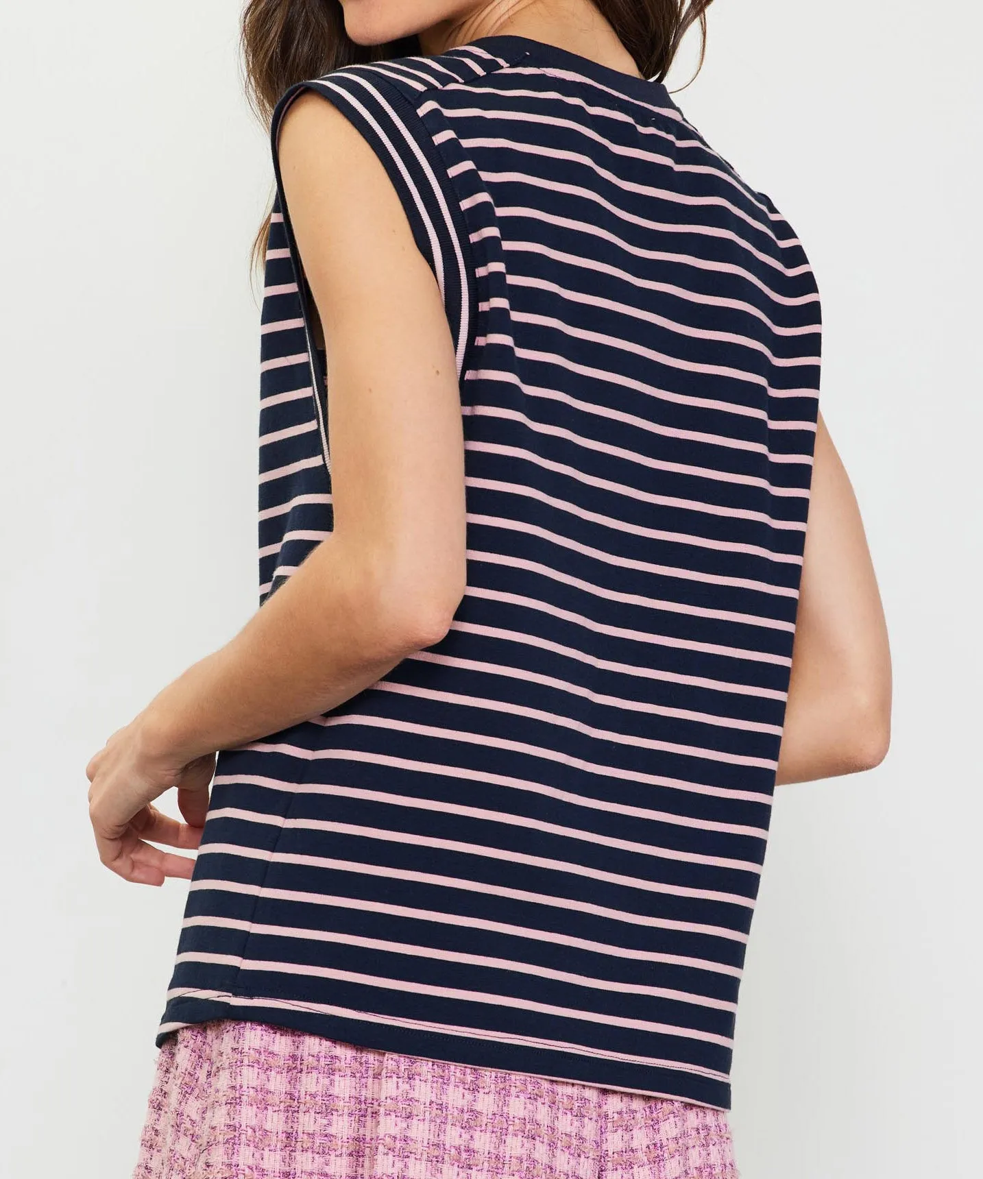 Striped Sleeveless Rib Top - Navy/Pink