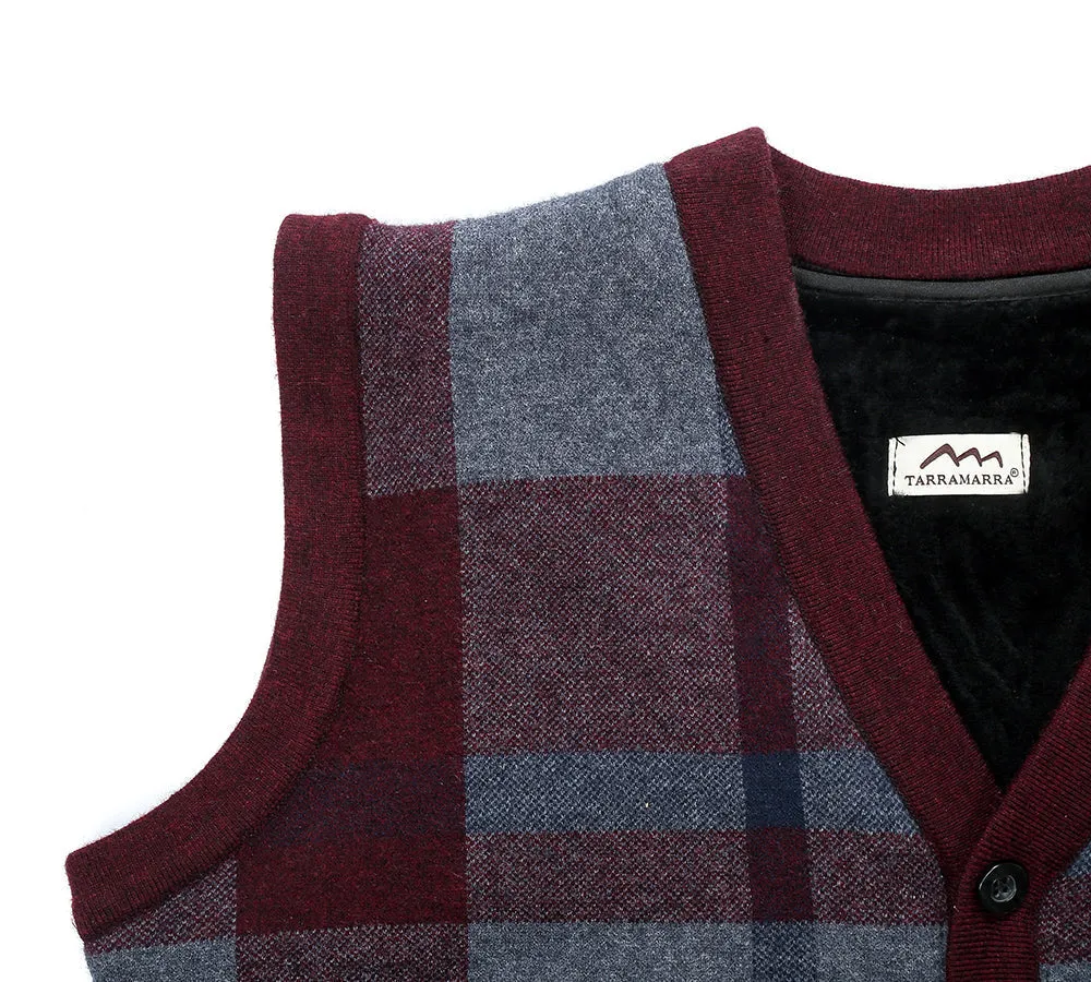 TARRAMARRA Men Plaid Knitted Wool Vest Detachable Inner Fleece Lining