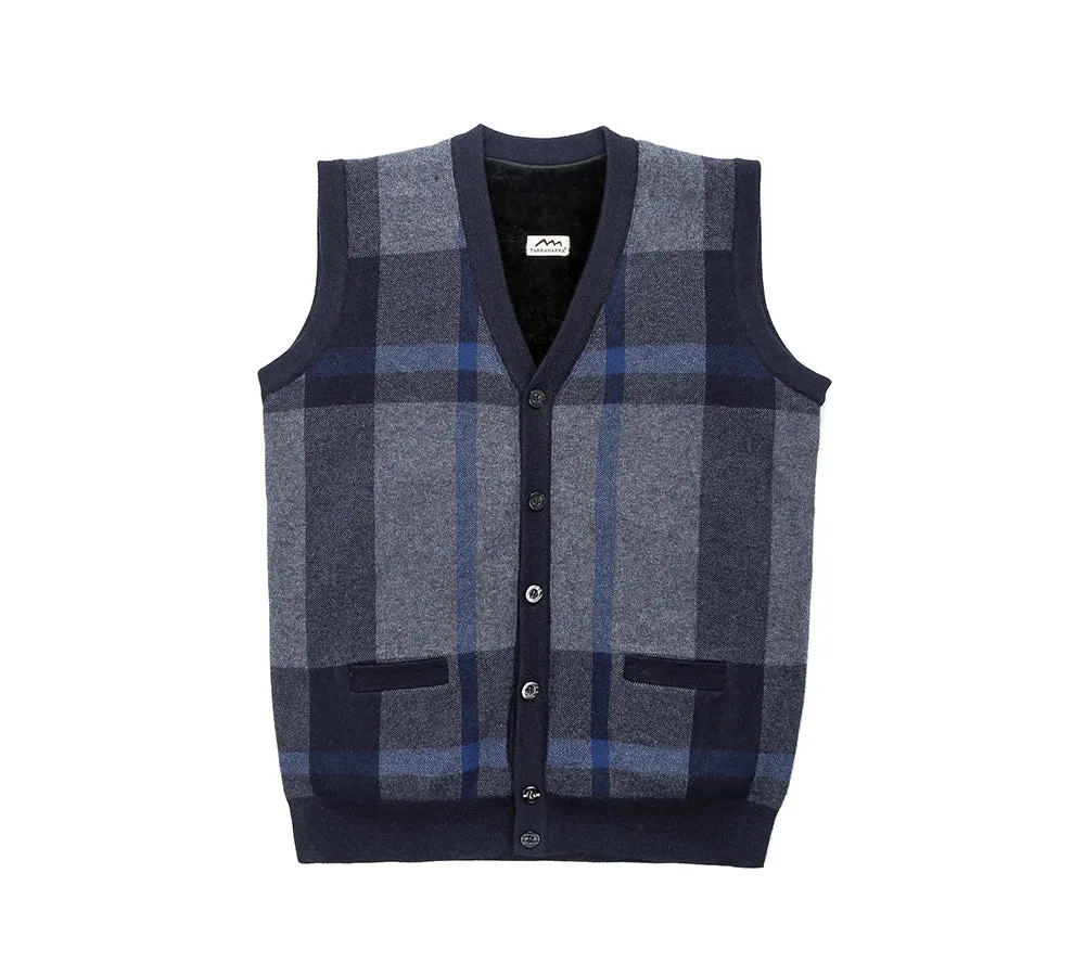 TARRAMARRA Men Plaid Knitted Wool Vest Detachable Inner Fleece Lining