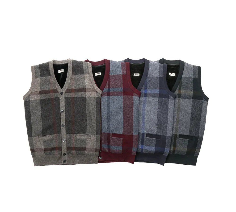 TARRAMARRA Men Plaid Knitted Wool Vest Detachable Inner Fleece Lining