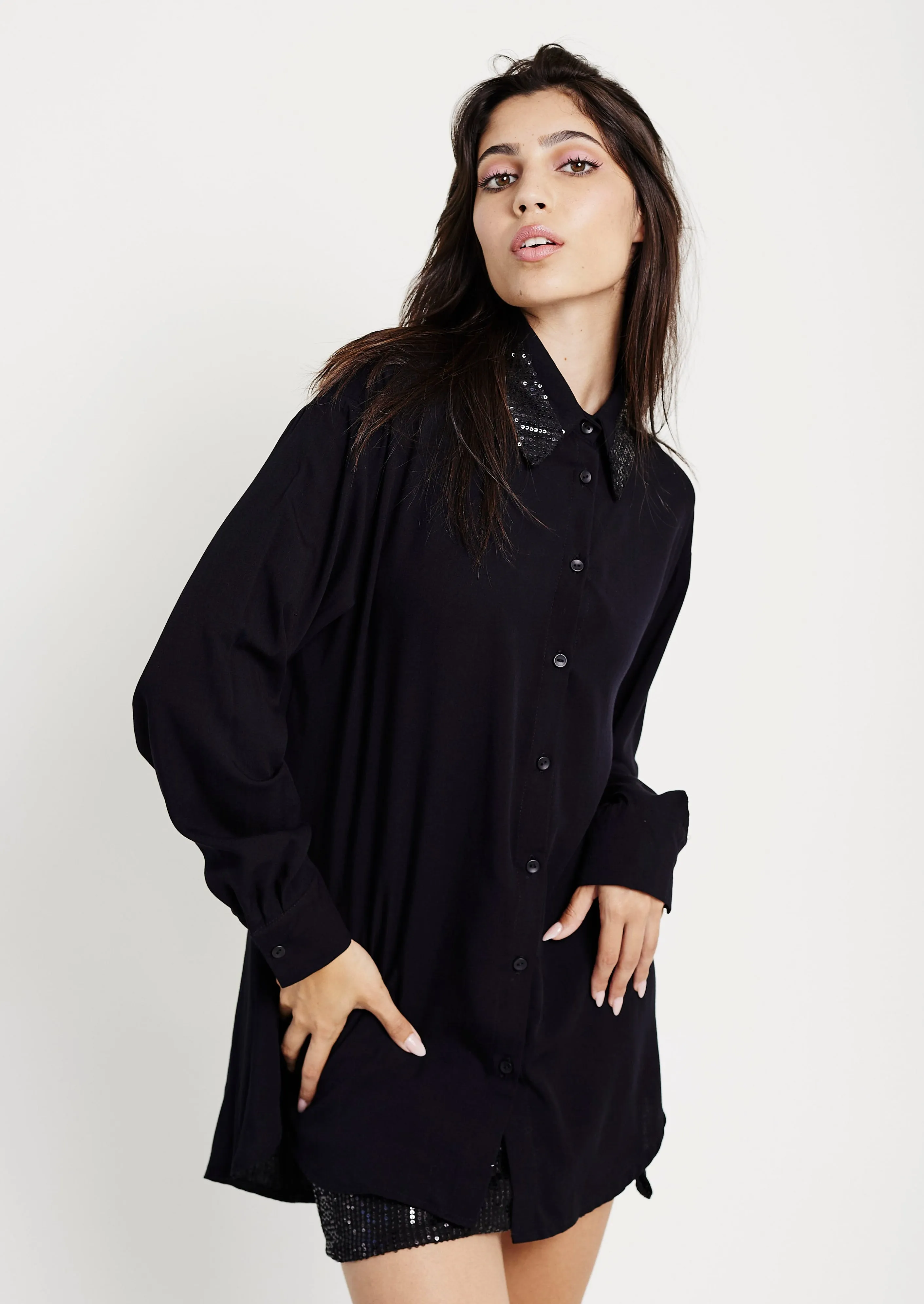 The Embellished Collar Woven Top in Black