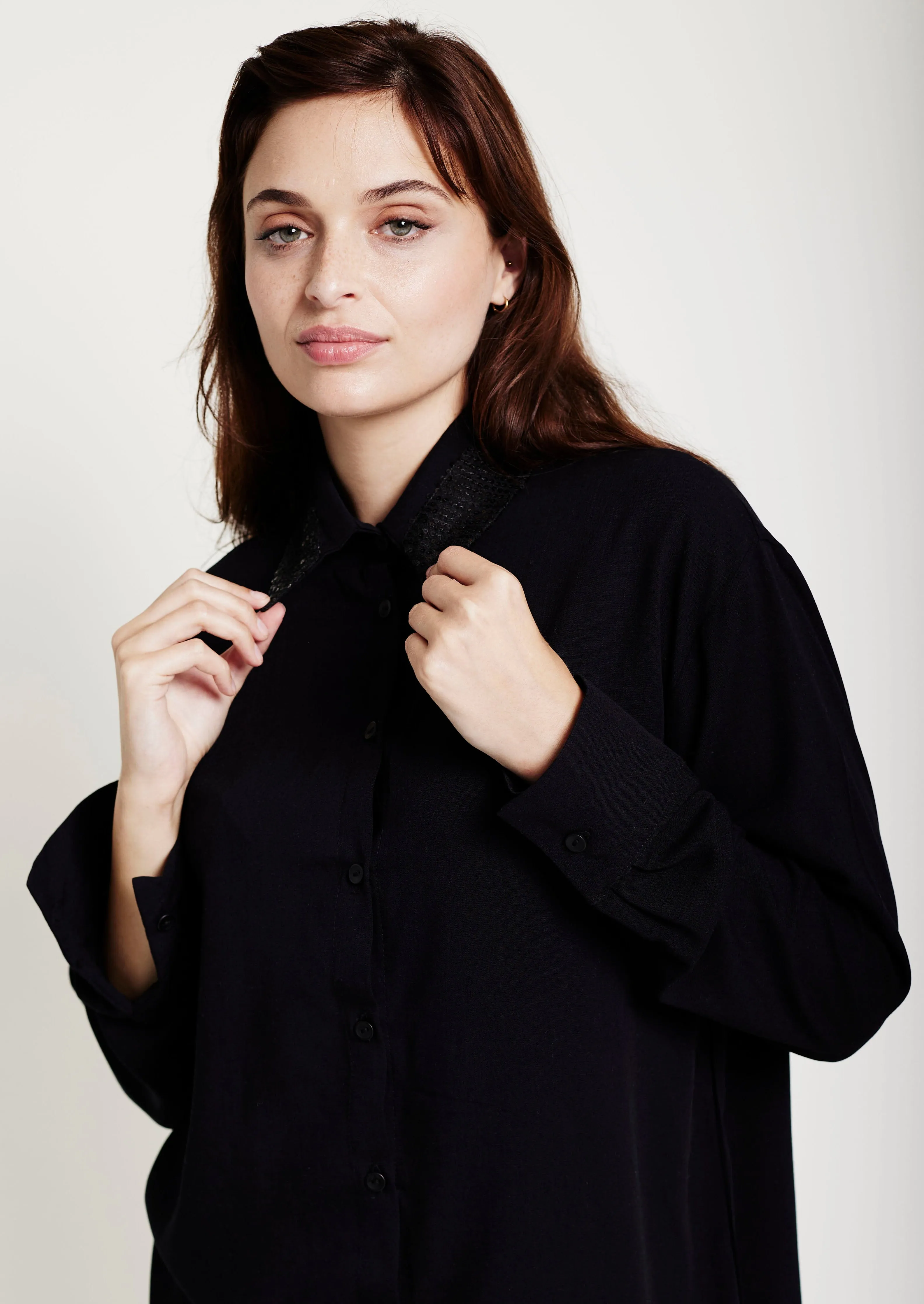 The Embellished Collar Woven Top in Black