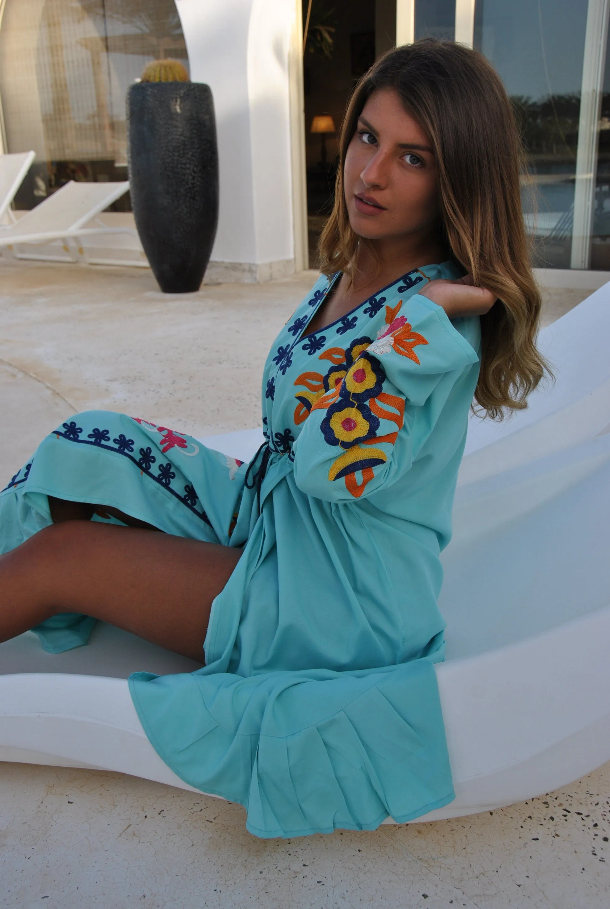 Turquoise birds embroidered caftan, Open slit Cotton caftan dress, African women clothing, Bohemian maxi dress, Boho summer caftan, kaftans