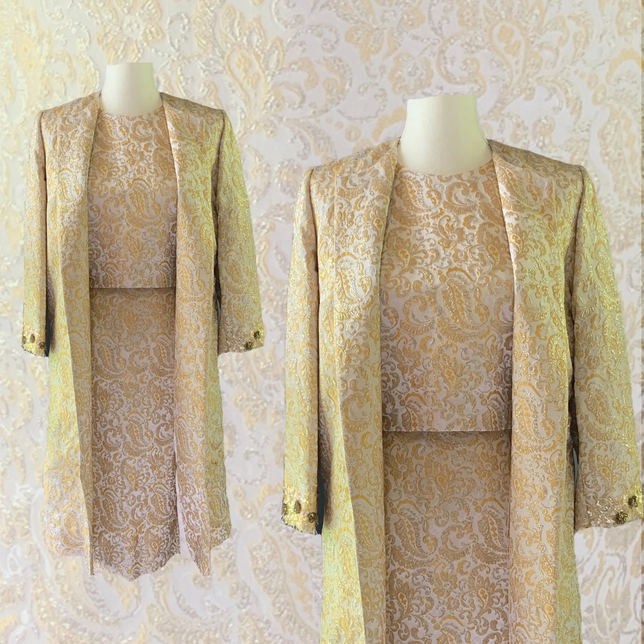 Vintage 1950s 3 Piece Wiggle Dress in a Gold and Cream Jacquard  by Lee Richard. Wedding Attire.