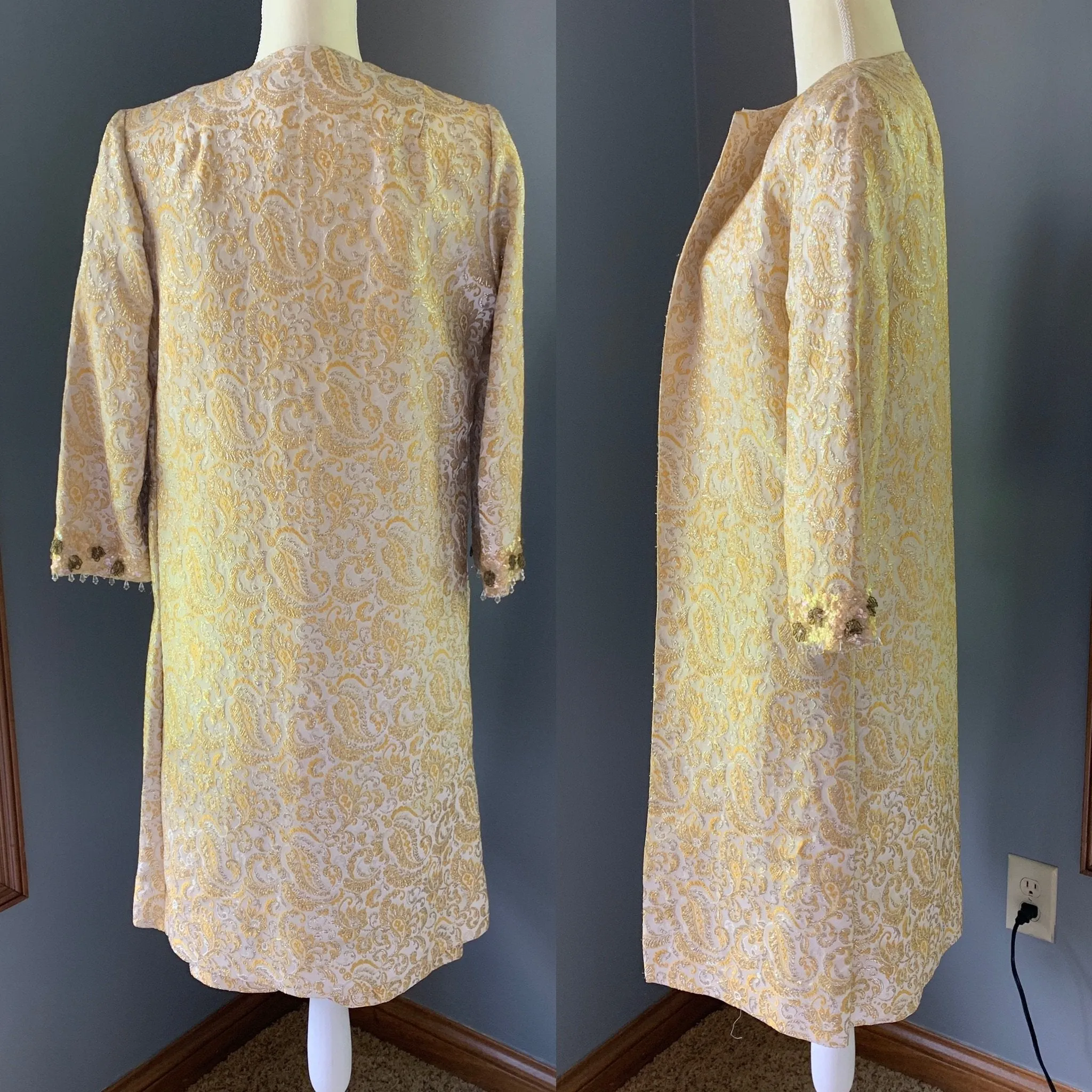 Vintage 1950s 3 Piece Wiggle Dress in a Gold and Cream Jacquard  by Lee Richard. Wedding Attire.