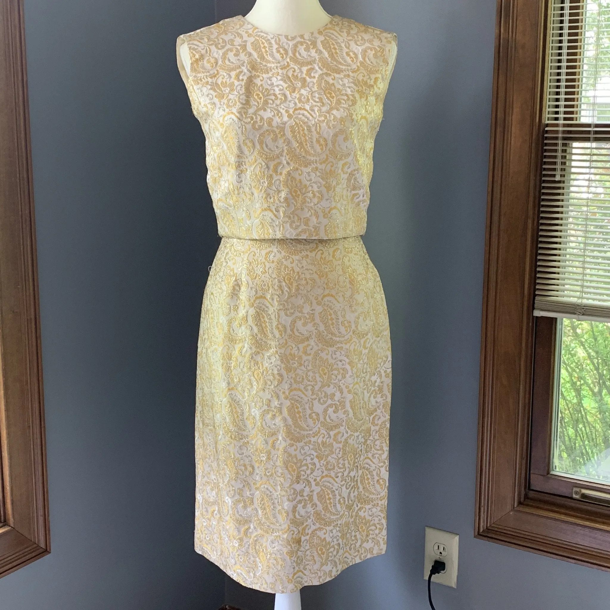 Vintage 1950s 3 Piece Wiggle Dress in a Gold and Cream Jacquard  by Lee Richard. Wedding Attire.