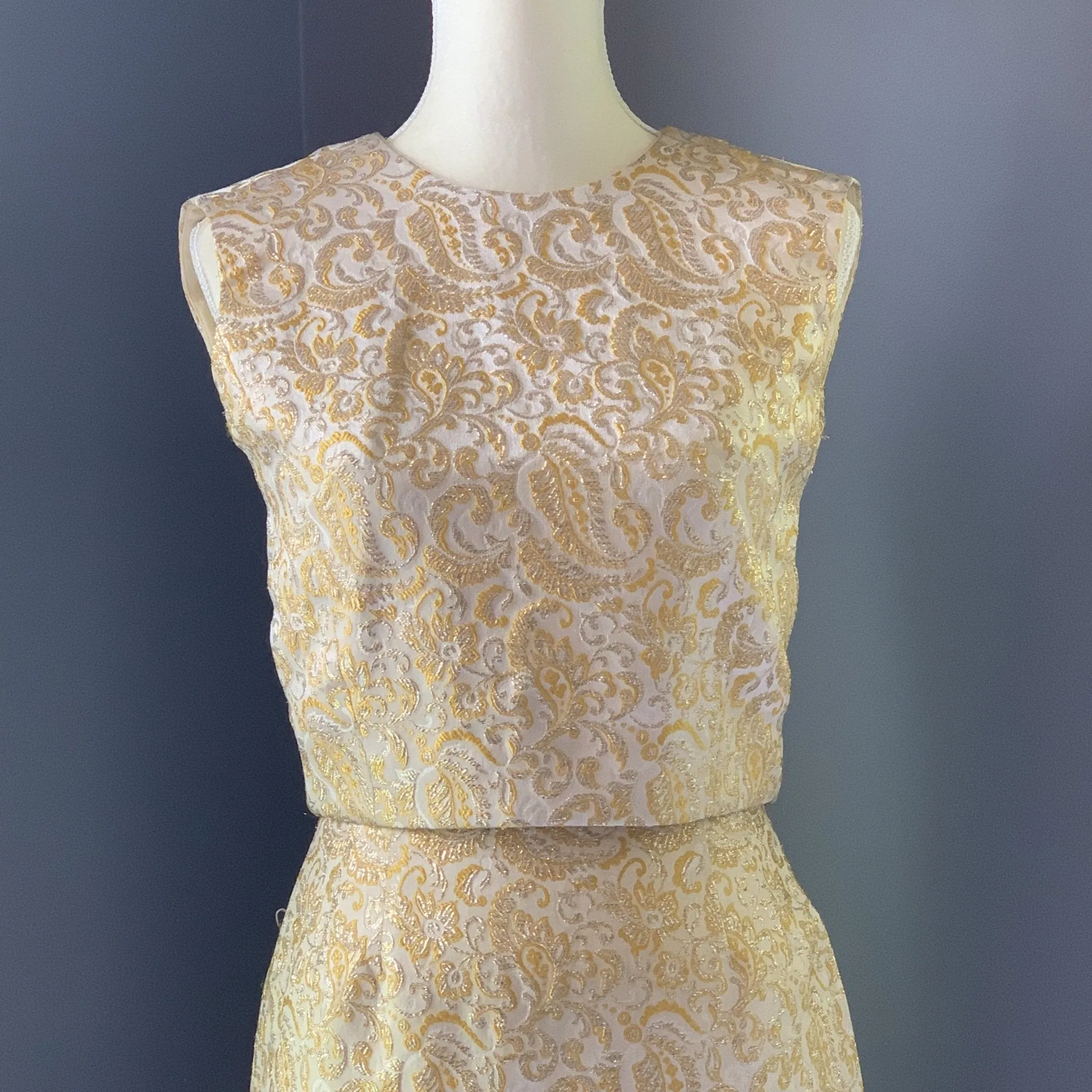 Vintage 1950s 3 Piece Wiggle Dress in a Gold and Cream Jacquard  by Lee Richard. Wedding Attire.