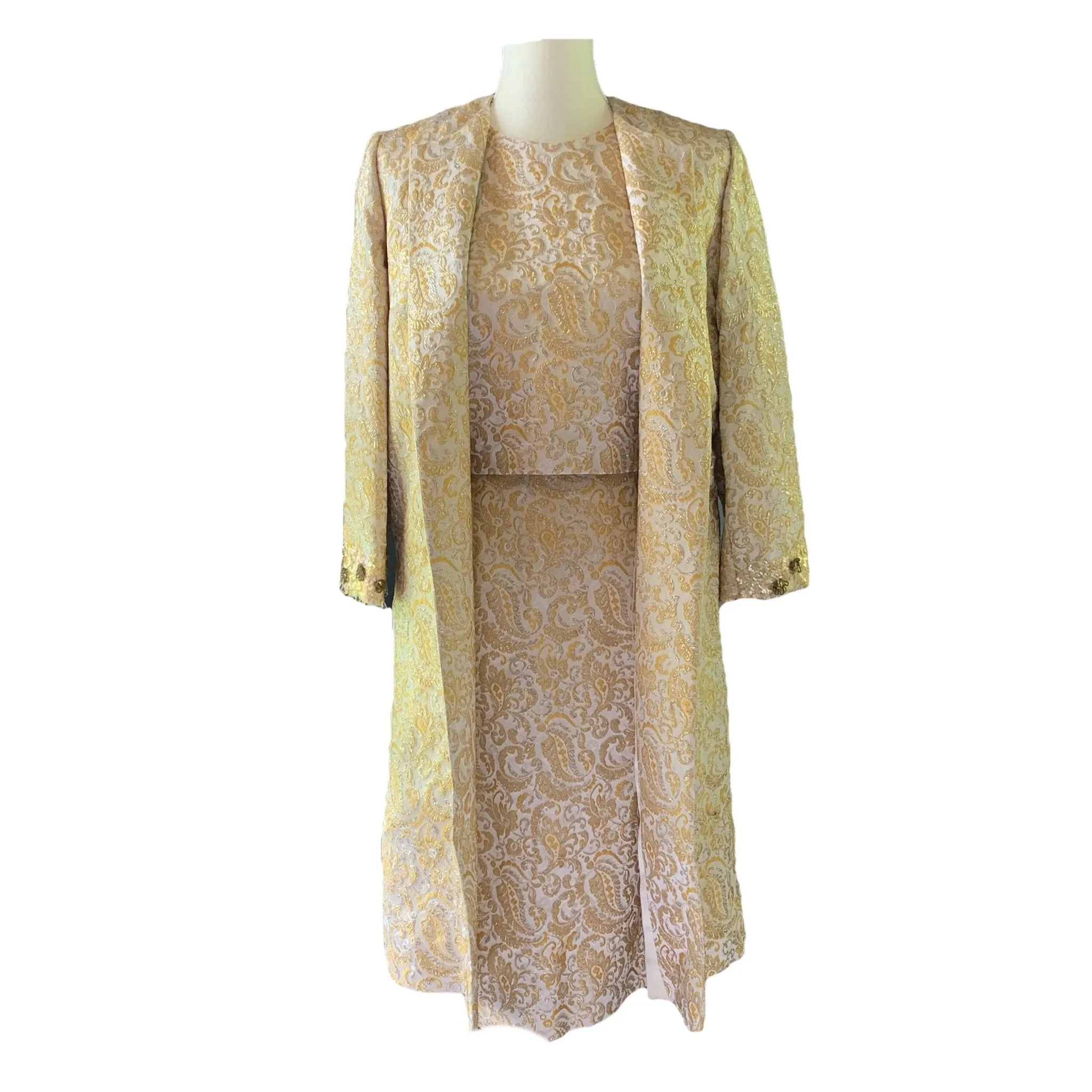 Vintage 1950s 3 Piece Wiggle Dress in a Gold and Cream Jacquard  by Lee Richard. Wedding Attire.