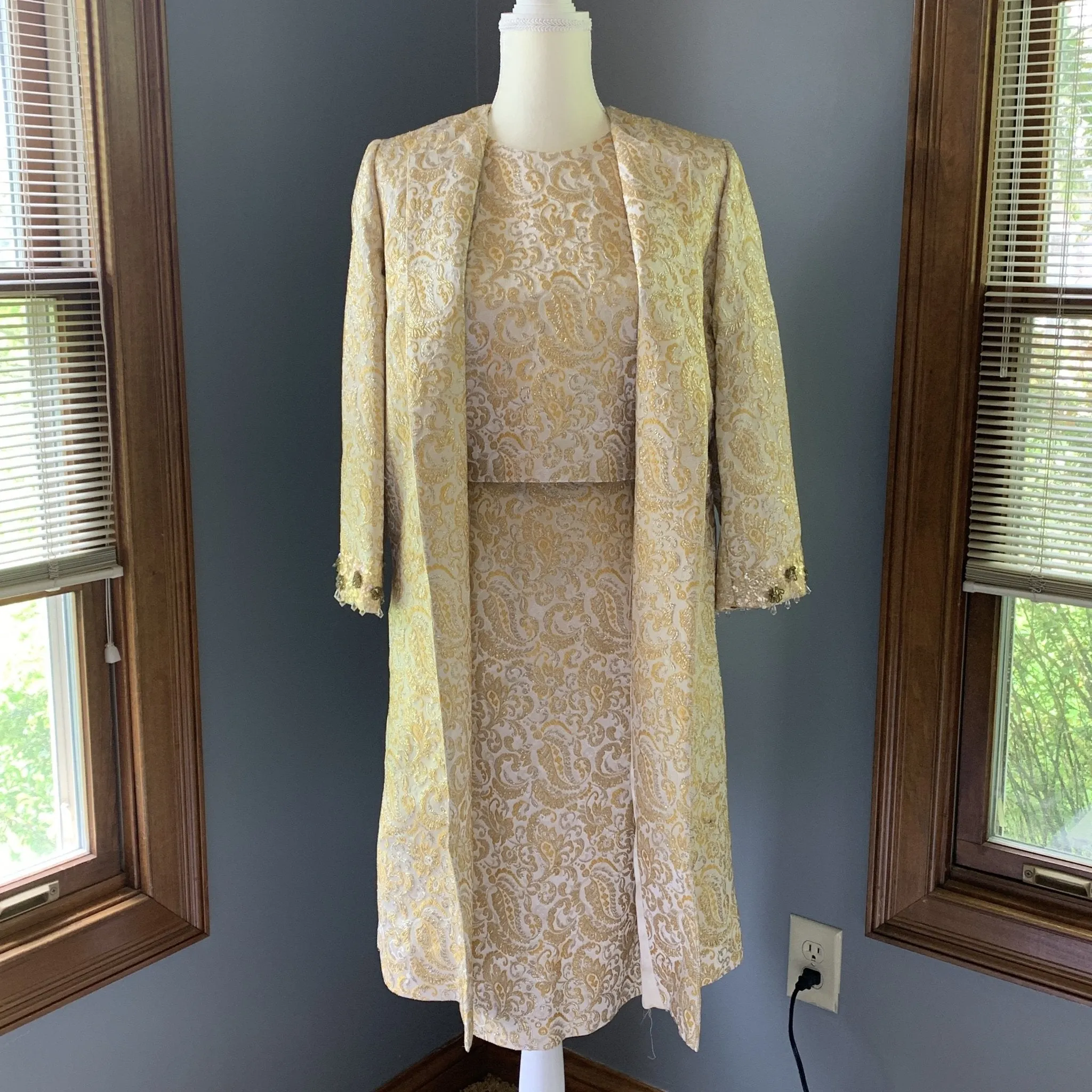 Vintage 1950s 3 Piece Wiggle Dress in a Gold and Cream Jacquard  by Lee Richard. Wedding Attire.