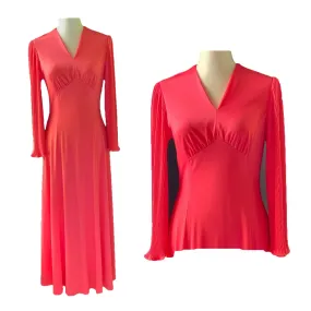 Vintage Coral Maxi Dress by Edith Flagg with Elegant Full Mini Pleat Arms.