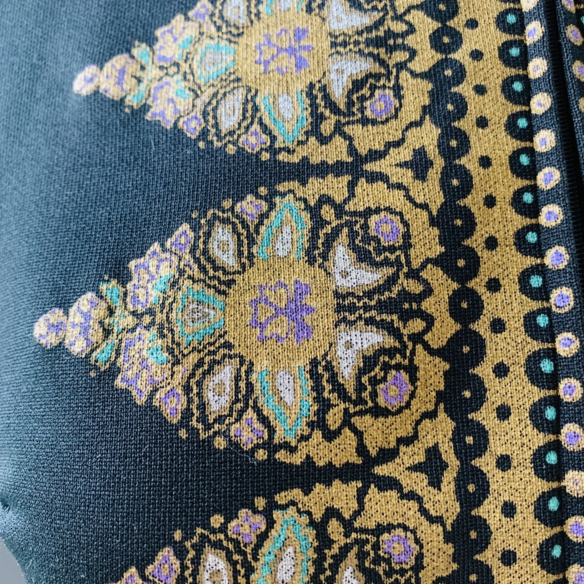 Vintage Shaheen Kimono Style Dress in Black with Gold Green and Purple Paisley Accents.