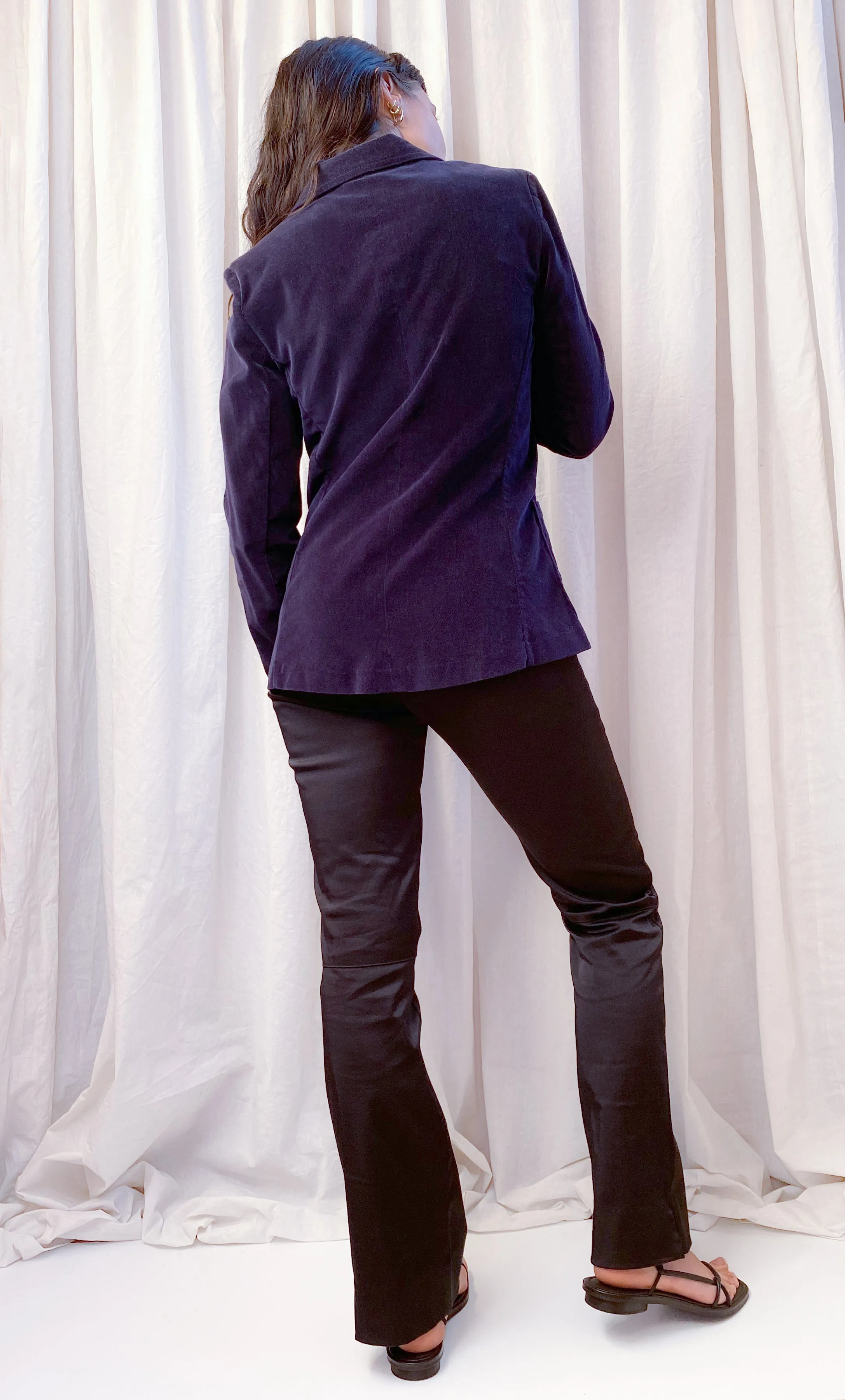 VINTAGE VELVET BLAZER [ Navy Blue Cotton, Size Small ]