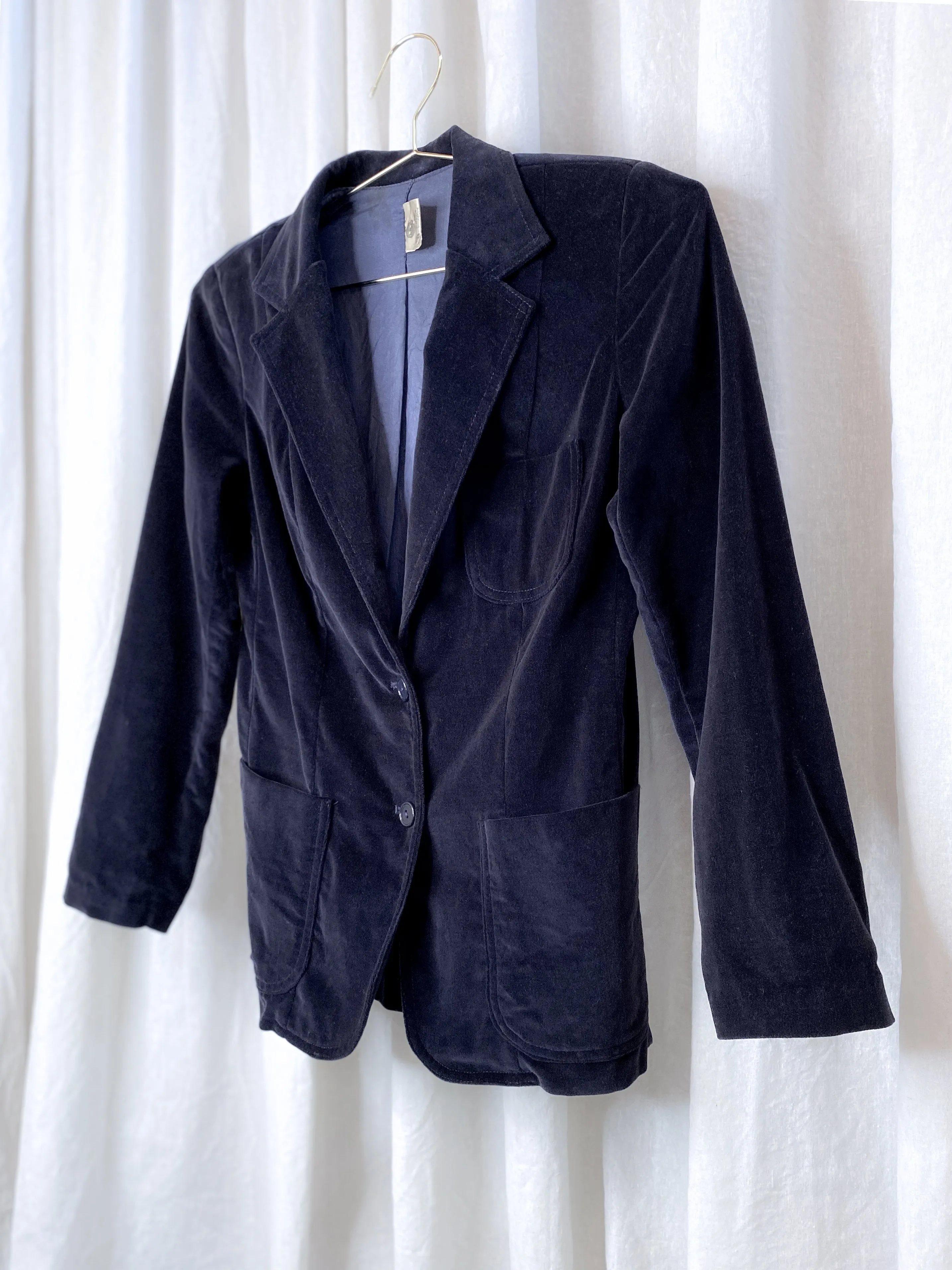 VINTAGE VELVET BLAZER [ Navy Blue Cotton, Size Small ]