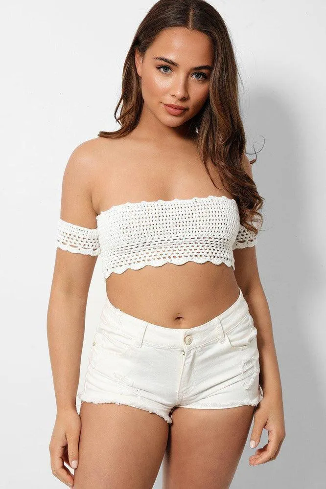 White Crochet Knit Bardot Crop Top