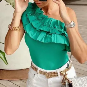 Woman Sexy Green One-Shoulder Knitted Bodysuit