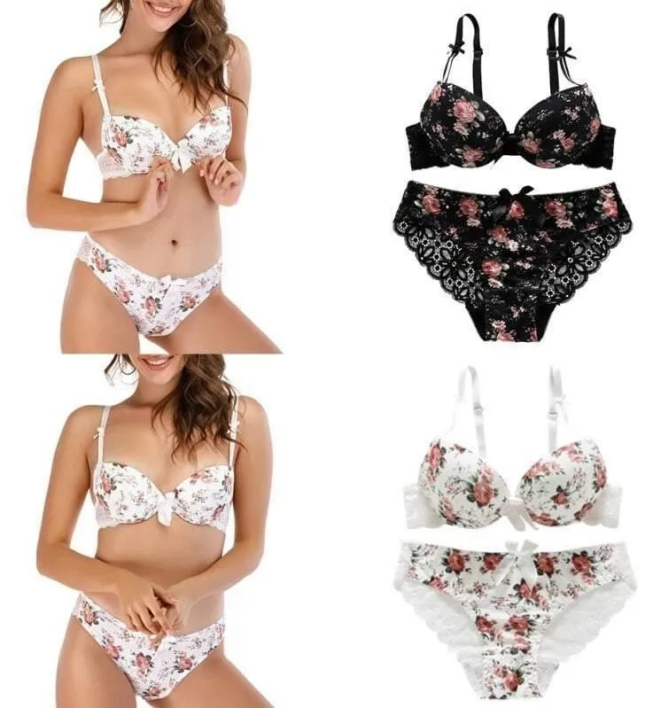 Women Floral Underwire Padded Push Up Bra & Panty Set