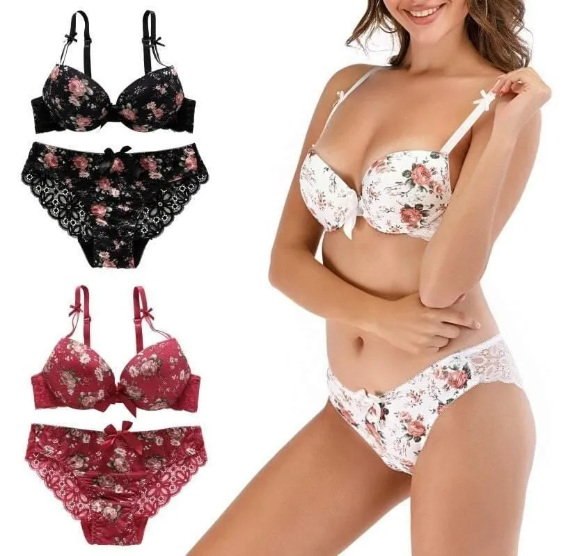 Women Floral Underwire Padded Push Up Bra & Panty Set